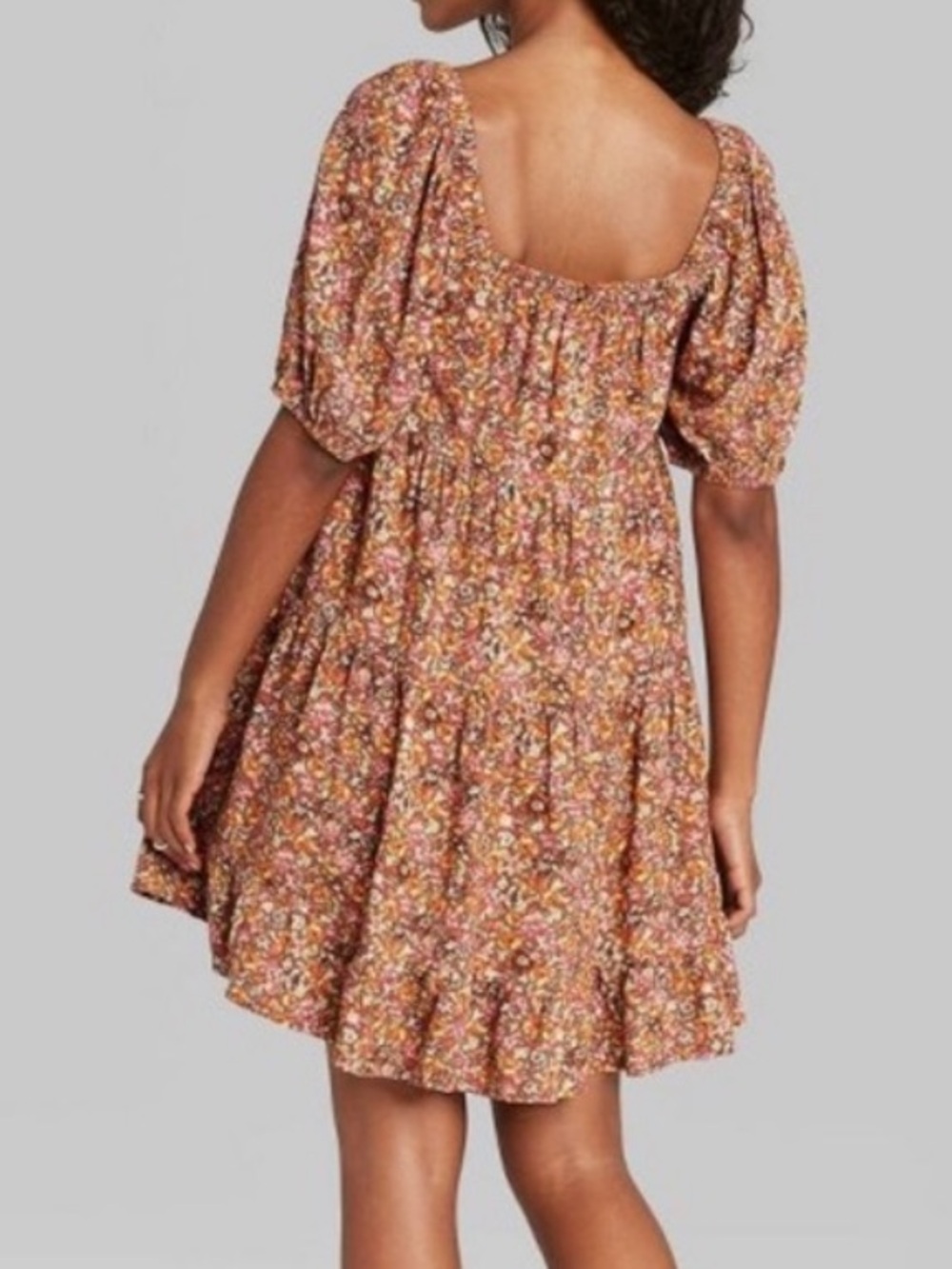 Wild Fable Brown Floral Puff-Sleeve Smocked Dress Size Medium - Picture 2 of 4